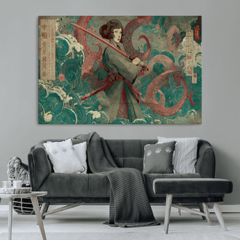91666601-MGV-CV-36X24-Samurai Woman vs Octopus Wall Art – Japanese Ukiyo-e Green Robe Canvas Print, Ocean Battle Artwork for Living Room, Office, Man