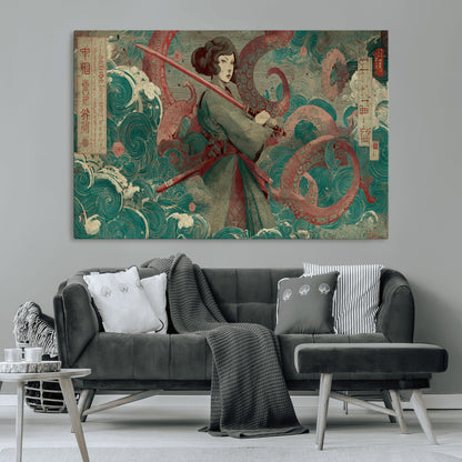 91666601-MGV-CV-36X24-Samurai Woman vs Octopus Wall Art – Japanese Ukiyo-e Green Robe Canvas Print, Ocean Battle Artwork for Living Room, Office, Man