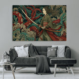 18902796-MGV-CV-36X24-Samurai Woman vs Octopus Wall Art – Japanese Ukiyo-e Green Kimono Canvas Print, Ocean Battle Scene Artwork for Living Room,