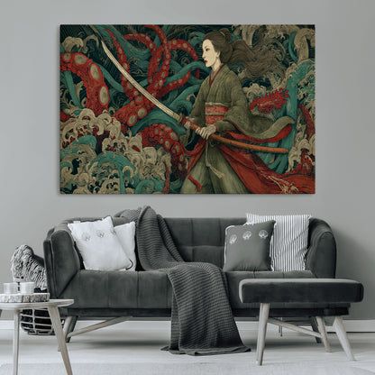 18902796-MGV-CV-36X24-Samurai Woman vs Octopus Wall Art – Japanese Ukiyo-e Green Kimono Canvas Print, Ocean Battle Scene Artwork for Living Room,
