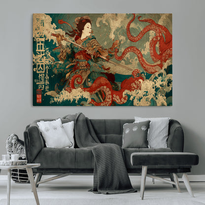 60201267-MGV-CV-36X24-Samurai Woman vs Octopus Wall Art – Japanese Ukiyo-e Armor Canvas Print, Red Tentacle Ocean Battle Artwork for Living Room,
