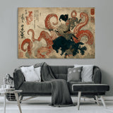82737246-MGV-CV-36X24-Samurai Woman vs Octopus Wall Art – Japanese Ukiyo-e Dual Sword Canvas Print, Red Tentacle Ocean Battle Artwork for Living Room,