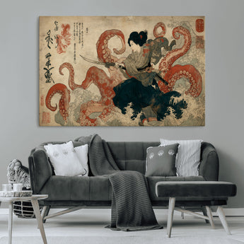 82737246-MGV-CV-36X24-Samurai Woman vs Octopus Wall Art – Japanese Ukiyo-e Dual Sword Canvas Print, Red Tentacle Ocean Battle Artwork for Living Room,