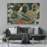 79740258-MGV-CV-36X24-Samurai Woman vs Octopus Wall Art – Japanese Ukiyo-e Blue Kimono Canvas Print, Ocean Battle Artwork for Living Room, Office, Man