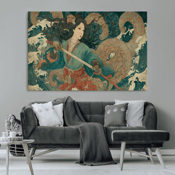 79740258-MGV-CV-36X24-Samurai Woman vs Octopus Wall Art – Japanese Ukiyo-e Blue Kimono Canvas Print, Ocean Battle Artwork for Living Room, Office, Man
