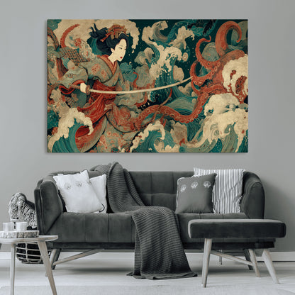 30212982-MGV-CV-36X24-Samurai Woman vs Octopus Wall Art – Japanese Ukiyo-e Style Warrior and Sea Monster Canvas Print, Mythology Inspired Artwork for