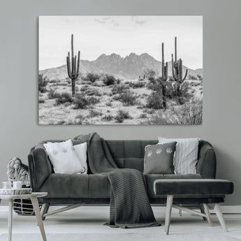 97436PHN-MGV-CV-36X24-Desert Landscape Wall Art – Black and White Cactus and Mountain Canvas Print, Southwestern Nature Photography for Living Room,