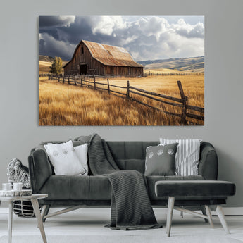 23718739-MGV-CV-36X24-Farmhouse Wall Art – Rustic Barn and Golden Wheat Field Canvas Print, Country Landscape Photography Decor for Bedroom, Living