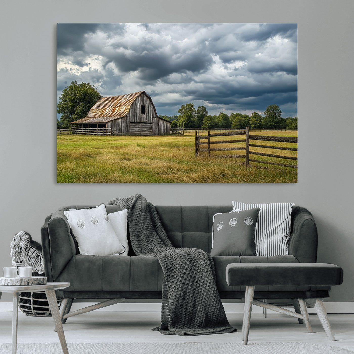 39409517-MGV-CV-36X24-Rustic Barn Wall Art – Weathered Farmhouse and Storm Clouds Canvas Print, Country Landscape Photography Decor for Bedroom, Living