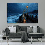 48300530-MGV-CV-36X24-Night Pier Wall Art – Moody Ocean Boardwalk Canvas Print, Impressionist Coastal Seascape Painting Decor for Living Room, Office,