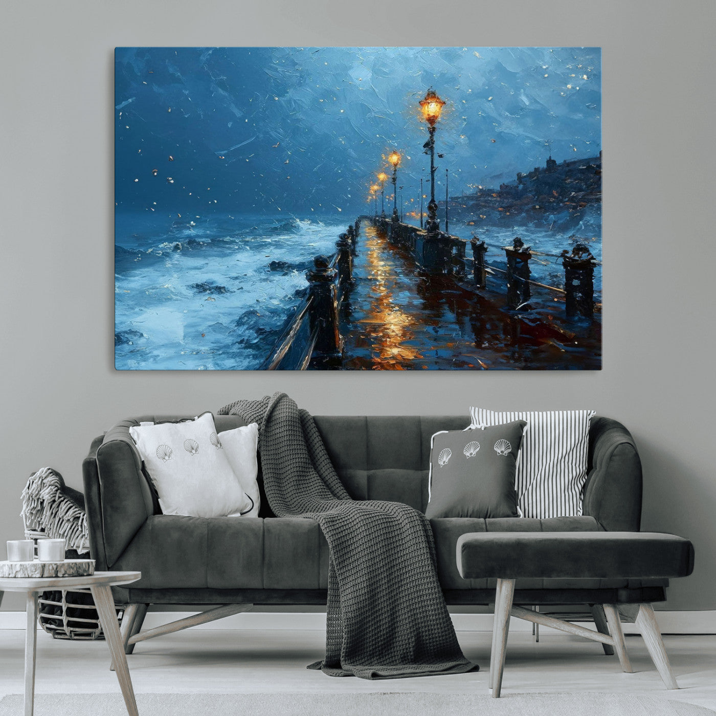 93793246-MGV-CV-36X24-Stormy Night Pier Canvas Wall Art – Moody Ocean Landscape with Lights, Blue Coastal Seascape Print for Bedroom, Living Room,