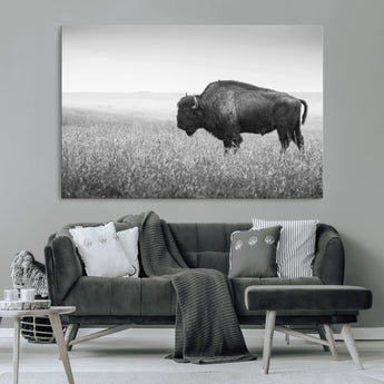 90861202-MGV-CV-36X24-Black and White Bison Canvas Wall Art – Rustic American Buffalo Print, Western Wildlife Photography for Farmhouse, Cabin, Office