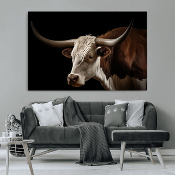 27414857-MGV-CV-36X24-Texas Longhorn Bull Canvas Wall Art – Rustic Western Farmhouse Decor, Brown & White Cow Portrait, Animal Print for Ranch Home