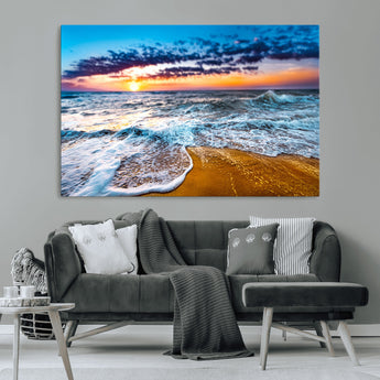 24077769-MGV-CV-36X24-Sunset Beach Wall Art – Ocean Waves Canvas Print, Golden Shoreline Photography Coastal Decor for Living Room, Bedroom, Office,