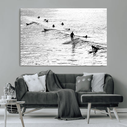 68018616-MGV-CV-36X24-Black and White Surf Photography Print – Minimalist Ocean Wall Art, Surfers Riding Waves, Coastal Beach Decor for Modern Home or