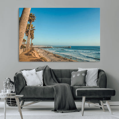 92568259-MGV-CV-36X24-California Beach Wall Art – Palm Tree Pier Canvas Print, Coastal Ocean Photography Seaside Decor for Living Room, Bedroom, Office,