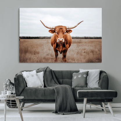 16316734-MGV-CV-36X24-Texas Longhorn Wall Art – Rustic Bull Portrait Canvas Print, Western Farmhouse Animal Photography Decor for Living Room, Office,