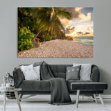 89531159-MGV-CV-36X24-Tropical Beach Sunset Canvas Wall Art – Palm Trees Golden Sand Ocean Waves Coastal Paradise Print for Beach House Bedroom Bathroom