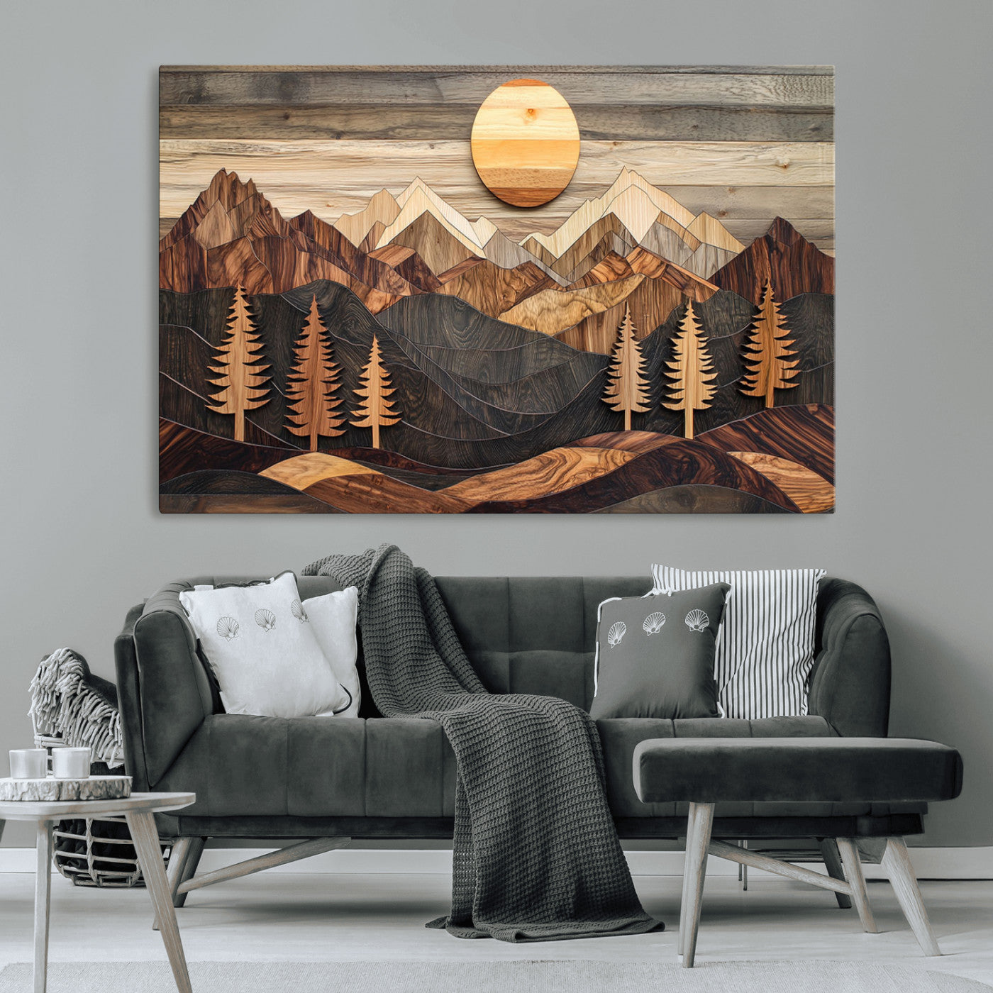 90044381-MGV-CV-36X24-Rustic Wall Art – Wooden Mountain Landscape with Sun and Pine Trees, Handcrafted Nature Canvas Style Decor for Bedroom, Living