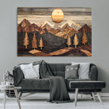 90044381-MGV-CV-36X24-Rustic Wall Art – Wooden Mountain Landscape with Sun and Pine Trees, Handcrafted Nature Canvas Style Decor for Bedroom, Living