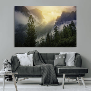 38316884-MGV-CV-36X24-Landscape Wall Art – Misty Mountain Valley Canvas Print, Scenic Pine Forest and Sunrise Photography Decor for Bedroom, Living