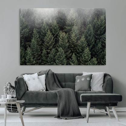 84059409-MGV-CV-36X24-Forest Wall Art – Misty Evergreen Trees Canvas Print, Tranquil Nature Photography Decor for Bedroom, Living Room, Office, Cabin or