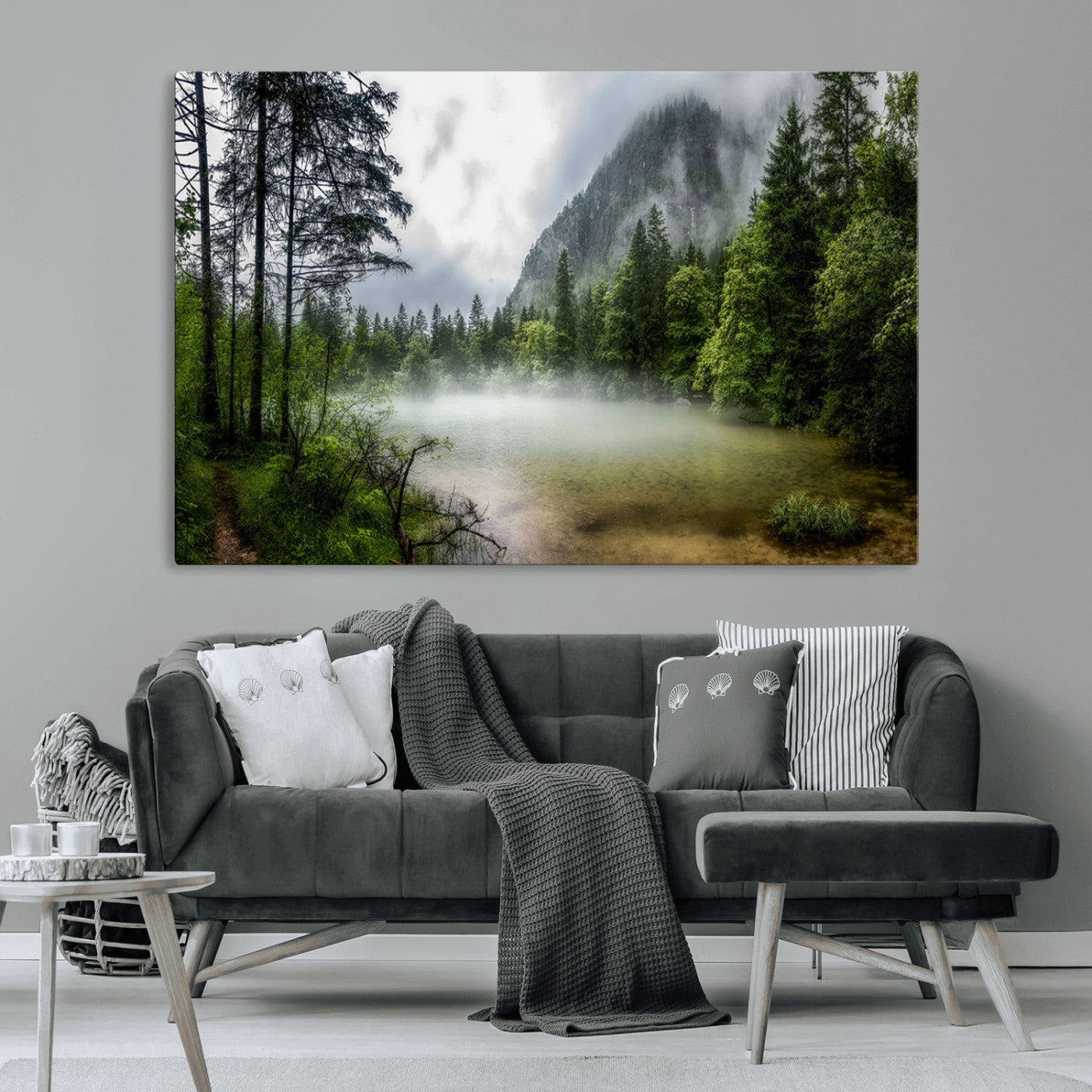 93123937-MGV-CV-36X24-Landscape Wall Art – Misty Mountain Lake Canvas Print, Tranquil Forest and Waterfall Photography Decor for Bedroom, Living Room,