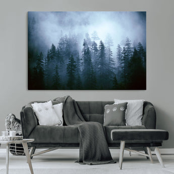 93439624-MGV-CV-36X24-Forest Wall Art – Misty Pine Trees Canvas Print, Moody Nature Photography Decor for Bedroom, Living Room, Office, Cabin, Lodge or