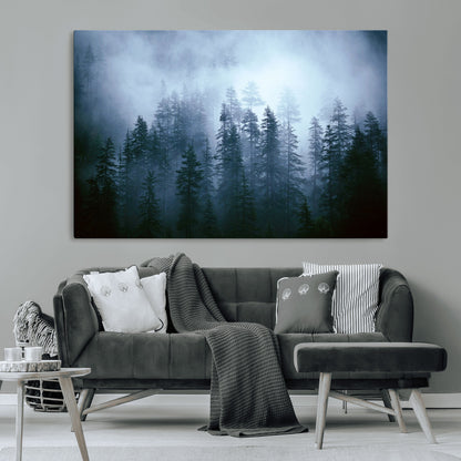 93439624-MGV-CV-36X24-Forest Wall Art – Misty Pine Trees Canvas Print, Moody Nature Photography Decor for Bedroom, Living Room, Office, Cabin, Lodge or