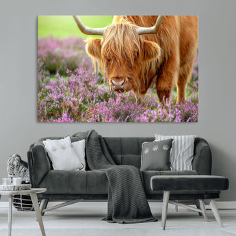 64069351-MGV-CV-36X24-Farmhouse Wall Art – Highland Cow in Wildflowers Canvas Print, Rustic Country Cattle Photography Decor for Bedroom, Living Room,