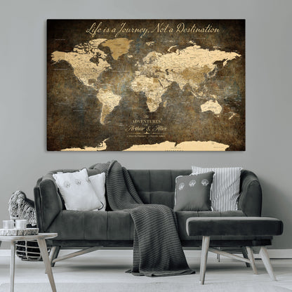 13394308-MGV-CV-36X24-Personalized World Map Wall Art – Dark Rustic Vintage Adventure Travel Map with Custom Couple Names, Timeless Wall Decor for Home