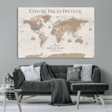 56148717-MGV-CV-36X24-Personalized World Map Wall Art – Neutral Beige & Brown Vintage Adventure Travel Map with Custom Couple Names, Classic Wall Decor