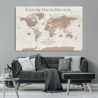 56148717-MGV-CV-36X24-Personalized World Map Wall Art – Neutral Beige & Brown Vintage Adventure Travel Map with Custom Couple Names, Classic Wall Decor