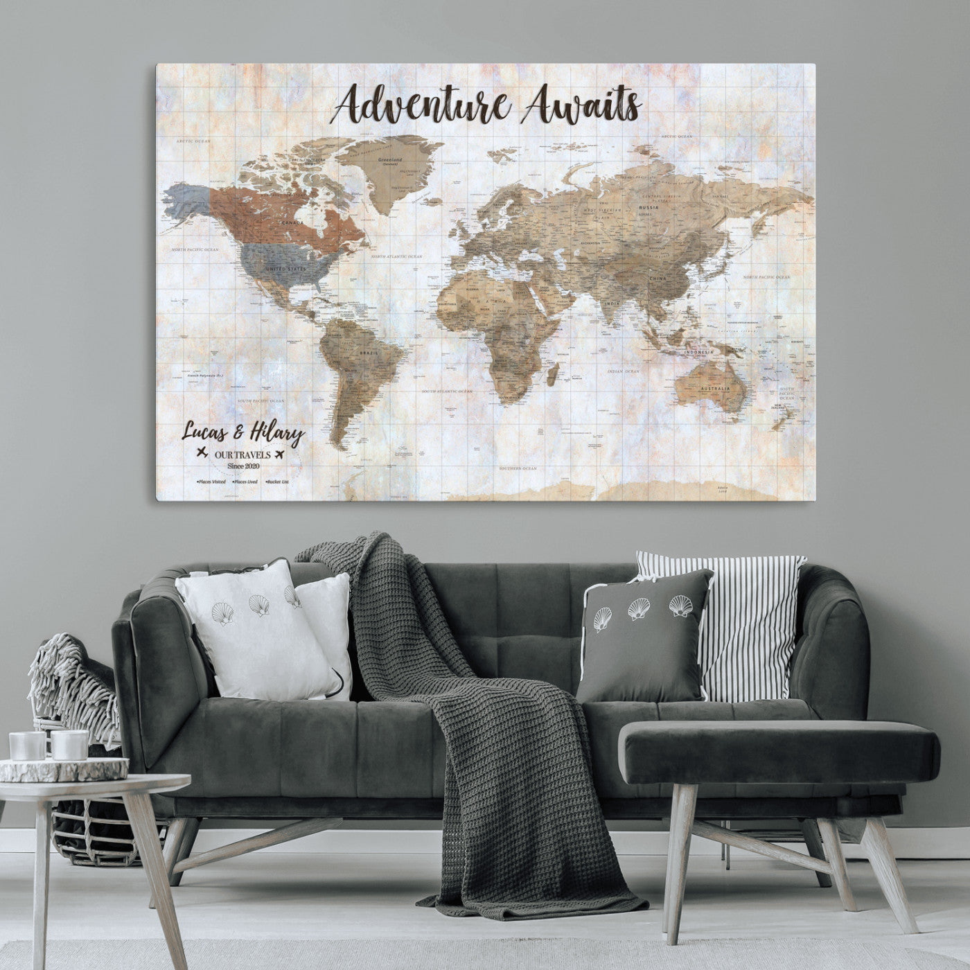 30792405-MGV-CV-36X24-Personalized World Map Wall Art – Rustic Beige Adventure Travel Map with Custom Couple Names, Vintage Wall Decor for Home or