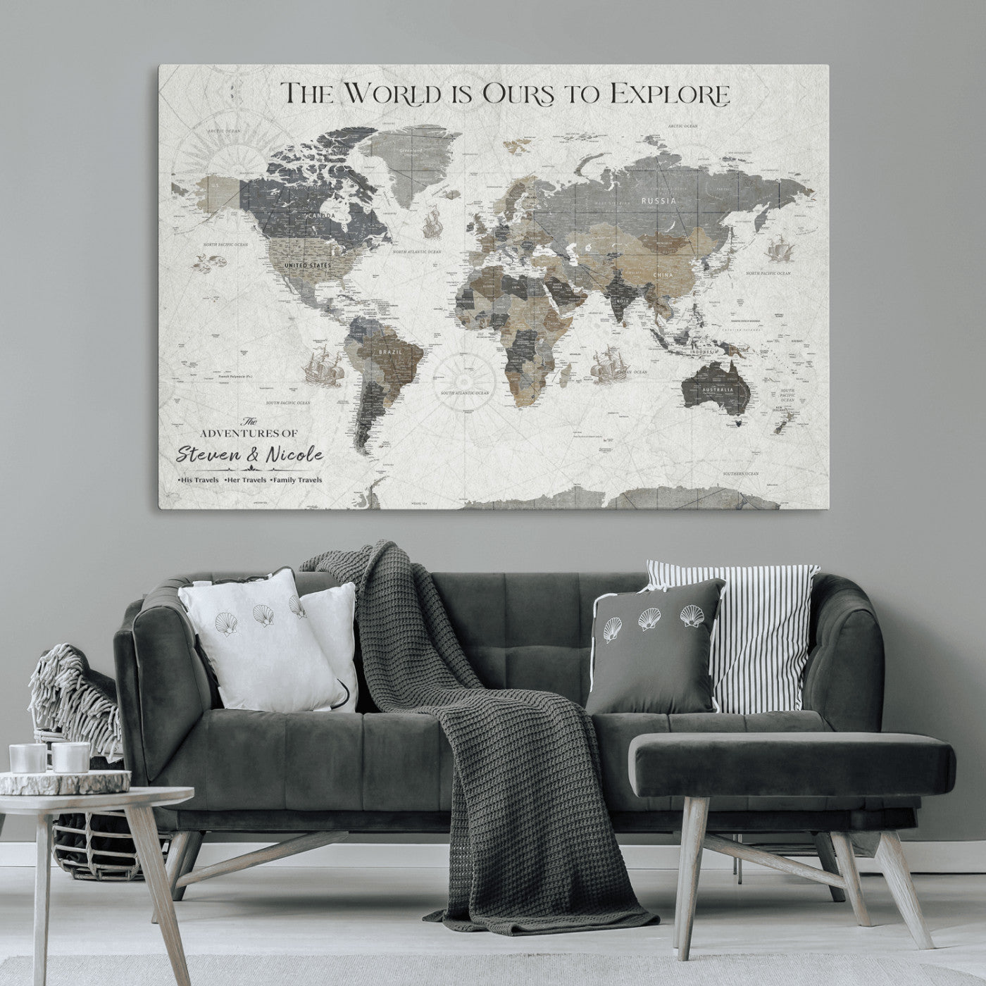 97082026-MGV-CV-36X24-Personalized World Map Wall Art – Vintage Gray Adventure Travel Map with Custom Couple or Family Names, Rustic Wall Decor for Home