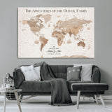 43869621-MGV-CV-36X24-Personalized World Map Wall Art – Light Beige Sepia Adventure Travel Map with Custom Family or Couple Names, Rustic Wall Decor for