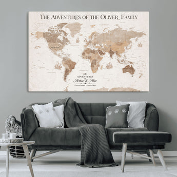 43869621-MGV-CV-36X24-Personalized World Map Wall Art – Light Beige Sepia Adventure Travel Map with Custom Family or Couple Names, Rustic Wall Decor for