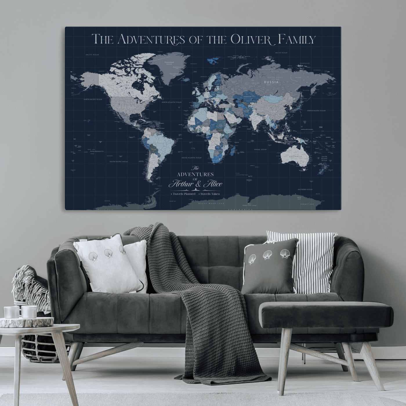 76726424-MGV-CV-36X24-Personalized World Map Wall Art – Navy Blue & Grey Adventure Travel Map with Custom Family or Couple Names, Modern Wall Decor for