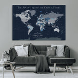 76726424-MGV-CV-36X24-Personalized World Map Wall Art – Navy Blue & Grey Adventure Travel Map with Custom Family or Couple Names, Modern Wall Decor for