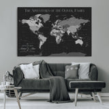46064114-MGV-CV-36X24-Personalized World Map Wall Art – Black & Grey Adventure Travel Map with Custom Family or Couple Names, Modern Wall Decor for Home