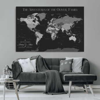 46064114-MGV-CV-36X24-Personalized World Map Wall Art – Black & Grey Adventure Travel Map with Custom Family or Couple Names, Modern Wall Decor for Home
