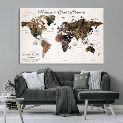33631532-MGV-CV-36X24-Personalized World Map Wall Art – Dark Vintage Adventure Travel Map with Custom Names, Rustic Wall Decor for Couples, Home or