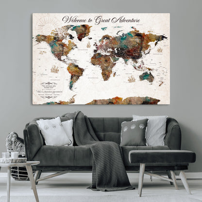 67029173-MGV-CV-36X24-Personalized World Map Wall Art – Colorful Vintage Adventure Travel Map with Custom Couple Names, Rustic Wall Decor for Home,
