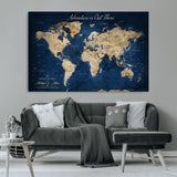 71052542-MGV-CV-36X24-Personalized World Map Wall Art – Rustic Navy Blue Adventure Travel Map with Custom Couple Names, Vintage Wall Decor for Home or