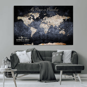 85403043-MGV-CV-36X24-Personalized World Map Wall Art – Dark Blue Rustic Adventure Map with Custom Couple Names, Vintage Wall Decor for Home or Travel