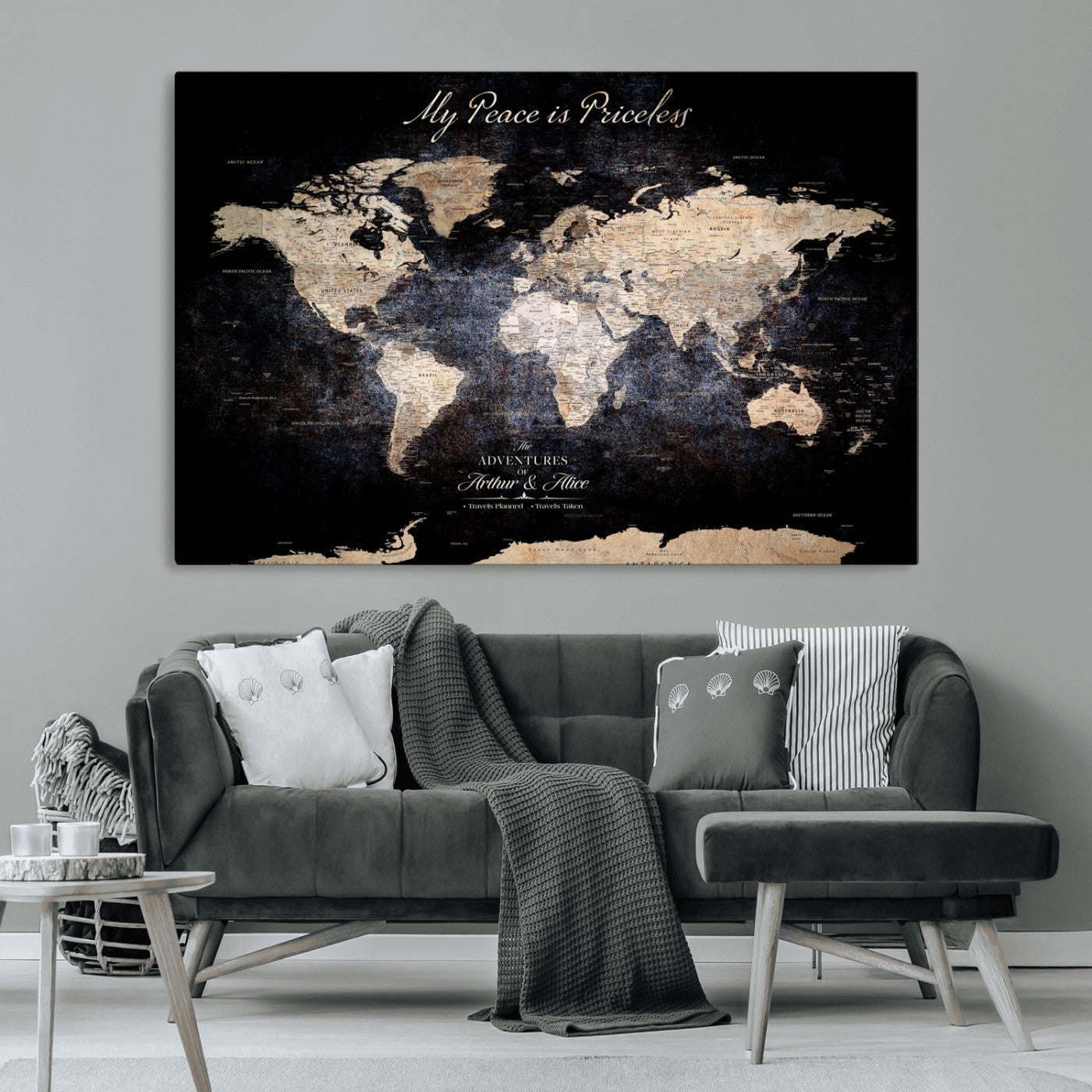 51488142-MGV-CV-36X24-Personalized World Map Wall Art – Dark Rustic Adventure Travel Map with Custom Names, Vintage Wall Decor for Couples, Families or