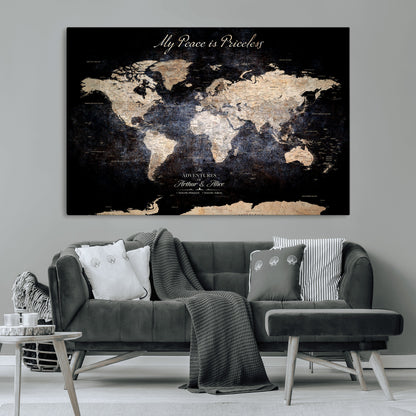 51488142-MGV-CV-36X24-Personalized World Map Wall Art – Dark Rustic Adventure Travel Map with Custom Names, Vintage Wall Decor for Couples, Families or