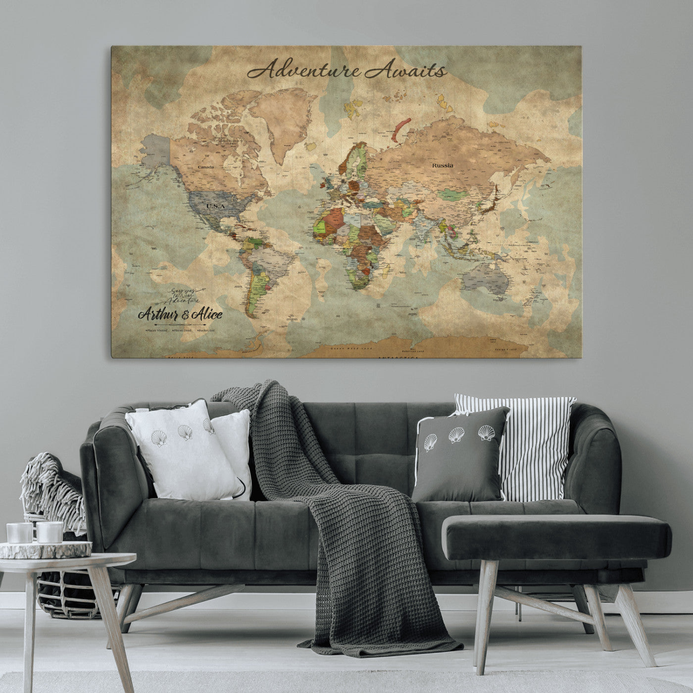 62500285-MGV-CV-36X24-Personalized World Map Wall Art – Rustic Watercolor Adventure Awaits Travel Map with Custom Couple Names, Vintage Wall Decor for