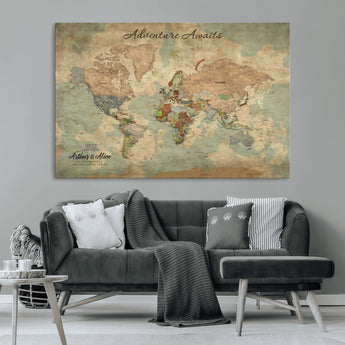 62500285-MGV-CV-36X24-Personalized World Map Wall Art – Rustic Watercolor Adventure Awaits Travel Map with Custom Couple Names, Vintage Wall Decor for