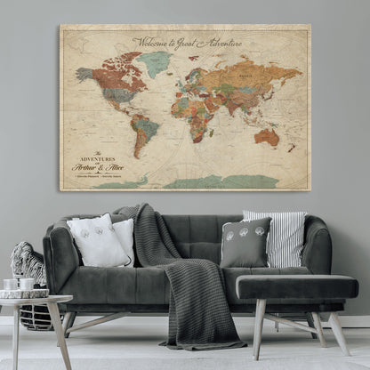 43497401-MGV-CV-36X24-Personalized World Map Wall Art – Vintage Rustic Adventure Travel Map with Custom Couple Names, Welcome to Great Adventure Wall